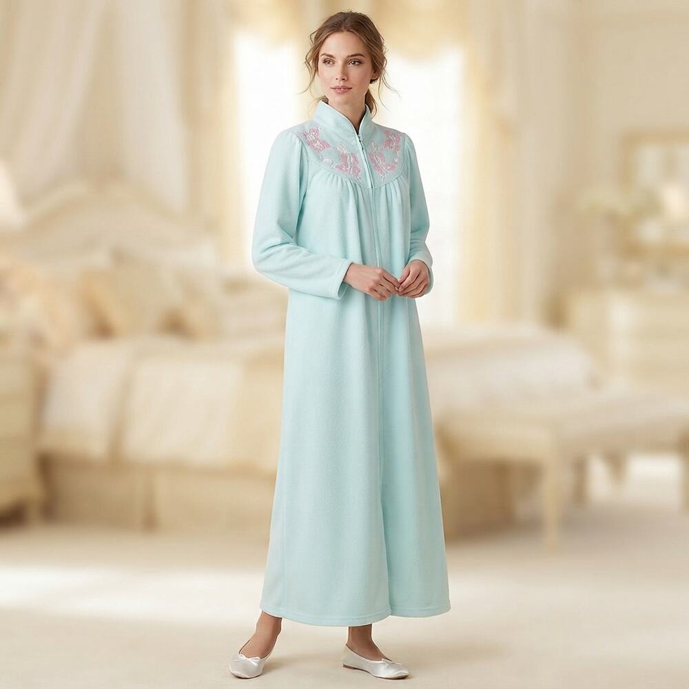 Ventura VINTAGE 60s Nightgown ROBE Embroidery Neck 3/4 Sleeve Zip Blue Large